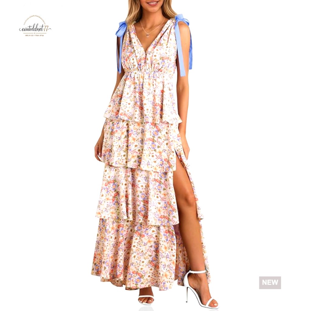Sleeveless Maxi Dress With V-Neck High Slit Tiered Boho Beach